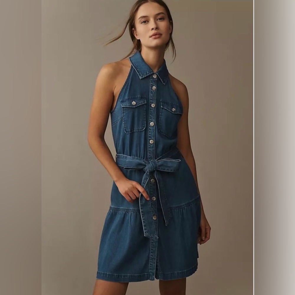 Anthropologie Sam Edelman Diana Sleeveless Denim Dress Blue S Tiered Halter